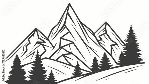 Illustration of mountain peaks with evergreen trees in a monochrome black and white color scheme design created with generated ai