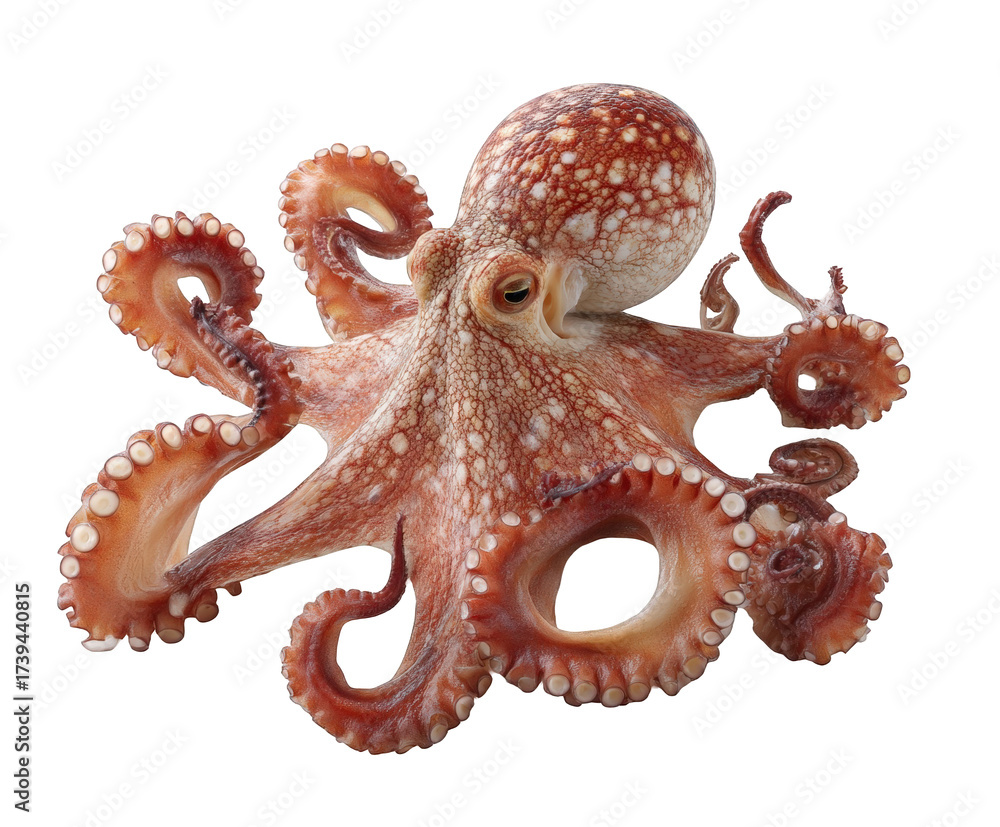 Obraz premium A detailed closeup of a red octopus with visible suckers on its tentacles, isolated on transparent background