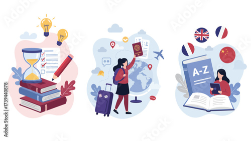 Global Education, Travel & Language Learning Concepts - Vector Illustration Set