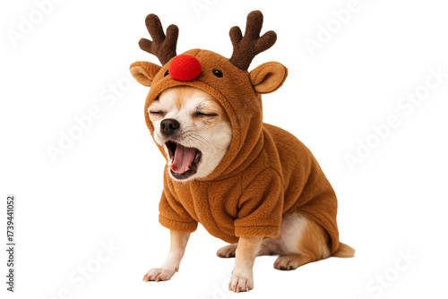 Dog dressed as Rudolph the red-nosed reindeer on a transparent background. Christmas photoshoot. Pet.