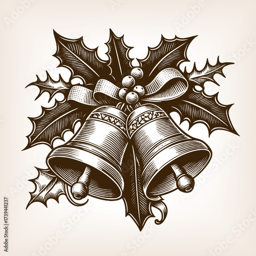 festive Christmas bells decorated with holly leaves, berries, and ribbon, symbolizing holiday cheer and celebration sketch engraving generative ai vector illustration. Scratch board. Black and white.