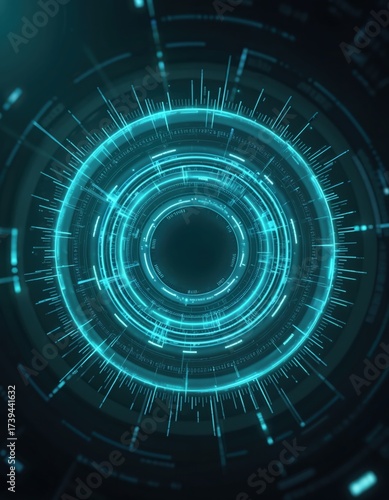 Wallpaper Mural Abstract glowing concentric circles with digital data displays. Futuristic tech interface with glowing neon lines and radial patterns. Scientific data visualization. Torontodigital.ca