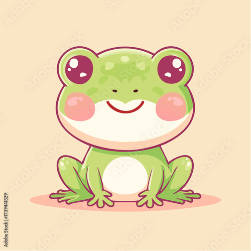 Cute green frog sitting on beige surface with pink cheeks and big eyes, showcasing a playful and cheerful mood.