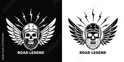 A striking black and white graphic featuring a winged skull wearing a helmet with lightning bolts radiating from behind, and the text road legend below, symbolizing freedom and the open road