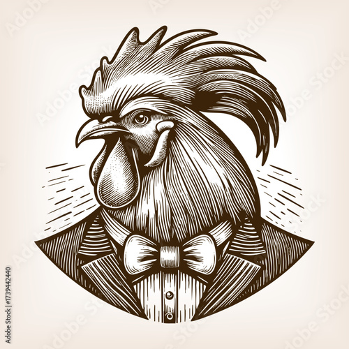 rooster dressed in formal suit with bow tie, symbolizing humor, creativity, and anthropomorphism sketch engraving generative ai vector illustration. Scratch board imitation. Black and white image.