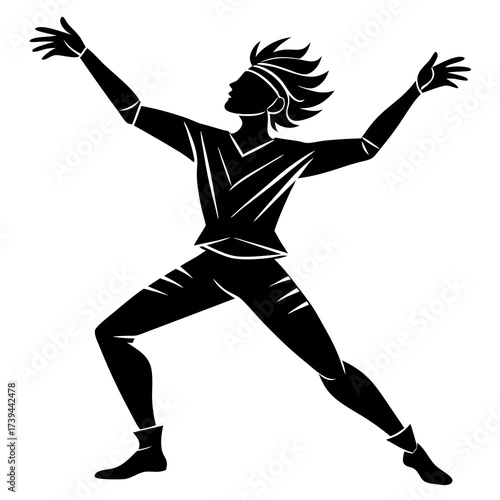 Dynamic black silhouette illustration capturing the energetic movement and expressive pose of a person engaged in joyful dancing perfect for creative projects