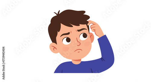a child scratching their head with one finger, tilting their head slightly with a puzzled look and a slight frown.