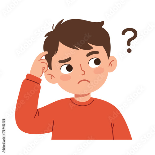 a child scratching their head with one finger, tilting their head slightly with a puzzled look and a slight frown.