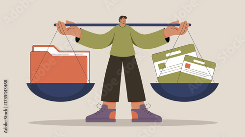 person balancing a folder and financial cards on scales vector illustration, resource allocation, budget management and project planning