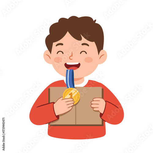 a child puffing out their chest and smiling contentedly while holding a homemade cardboard gold medal.
