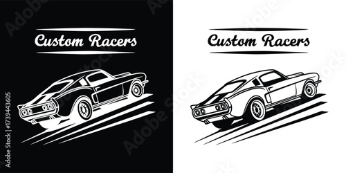 Classic custom race car with custom racers text, depicted in motion on black and white backgrounds