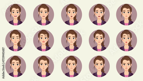 Female Avatar Expressions Grid: Diverse Emotions for Digital Communication