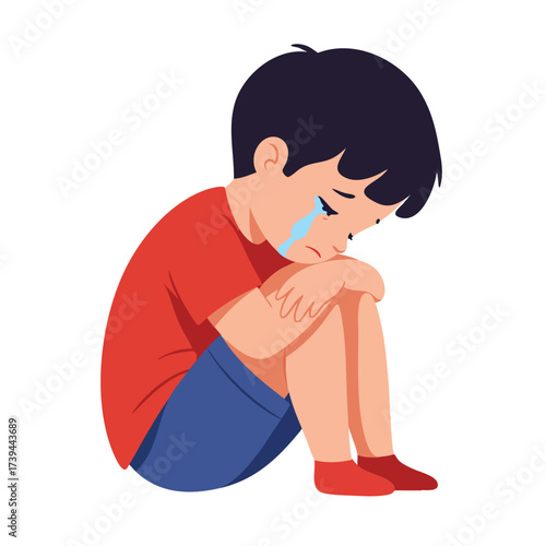  a child sitting with their head bowed, and a single large tear falling from their eye.
