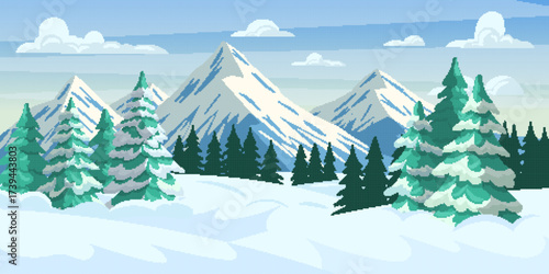 Snow pixel art. Winter landscape. Mountain background. Snowy forest. Retro game level design. Panoramic road path. Arcade scenery. Pixelated frosty nature. Vector gaming app garish 8 bit wallpaper