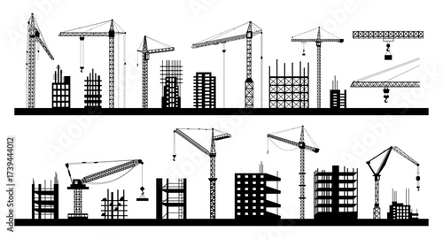 Tower crane silhouette. Steel frame machine. Urban construction site. Engineering blueprint black outlines. City development. Architecture graphic backgrounds set. Vector industrial tidy structure