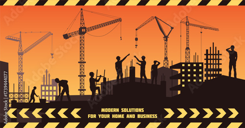 Construction site. Tower cranes black silhouette. Engineers working. City infrastructure background. Workers team. Building development. Gradient sunset. Striped frame. Vector tidy cityscape design