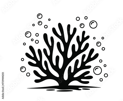 Coral reef silhouette with bubbles offers a calming, minimalist ocean design element