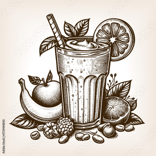 refreshing fruit smoothie in a tall glass with straw, surrounded by assorted fruits and herbs sketch engraving generative ai vector illustration. Scratch board imitation. Black and white image.