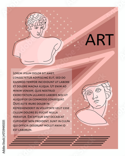 Art poster. Ancient classic traditional female faces sculptures, marble architectural female head on abstract geometric background. Vertical banner or flyer. Vector cartoon flat isolated illustration