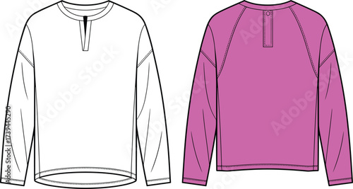 Women’s long sleeve top fashion flat sketch, CAD drawing clothing design, vector apparel technical template, casual wear blouse illustration flat vector