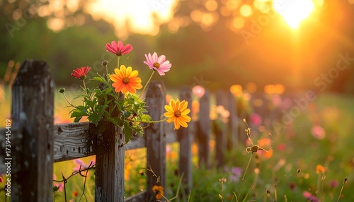 Vibrant cosmos flowers bloom through a rustic wooden fence, bathed in golden sunlight with a blurred bokeh background