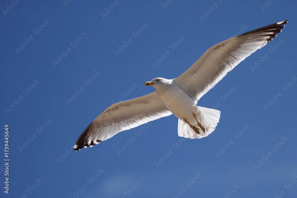 Obraz premium A seagull flies against a blue sky wings outstretched