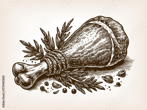 smoked ham tied with rope, decorated with herbs and spices in a traditional engraving style sketch engraving generative ai vector illustration. Scratch board imitation. Black and white image.