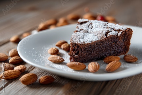 Wallpaper Mural Iced brownie on white plate surrounded by almonds sitting on a wooden table Torontodigital.ca