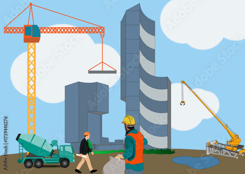 Flat Vector Illustration of Construction Site with Workers, Cranes, and Modern Buildings