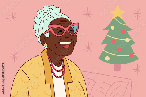 Joyful Senior Black Woman Celebrating Christmas with a Vibrant Smile Illustration