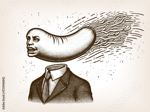 man in suit with a sausage head and human face, symbolizing surreal humor and creativity sketch engraving generative ai fictional character vector illustration. Scratch board. Black and white image.