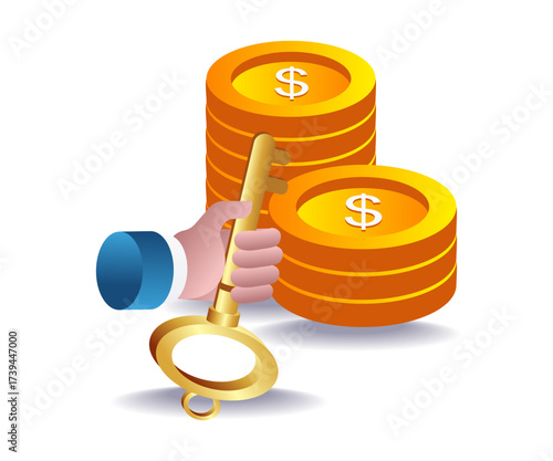money coins with key representing savings,finance,and secure investment