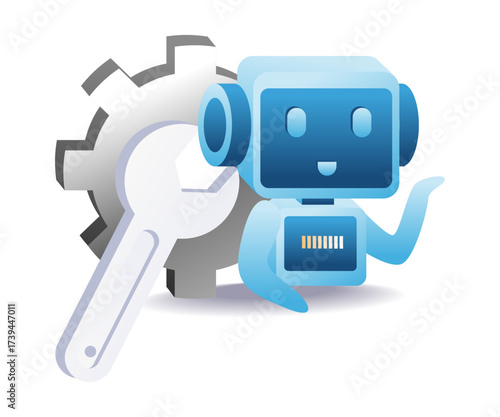 mechanical robot holding wrench and gear for engineering and automation concept