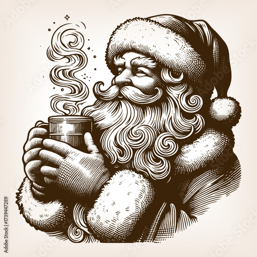 Santa Claus holding a steaming cup of hot chocolate, warmth, comfort, and holiday cheer sketch engraving generative ai fictional character vector illustration. Scratch board imitation. Black and white