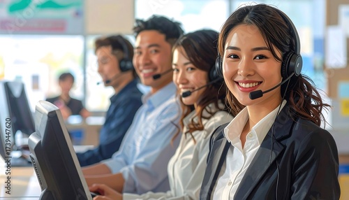 Friendly Customer Service Team Smiling with Headsets Working at the Office