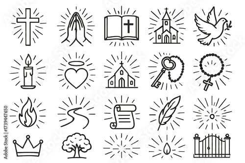 Religion and Spirituality Icon Set — Faith, Peace, and Sacred Symbols in Linear Style