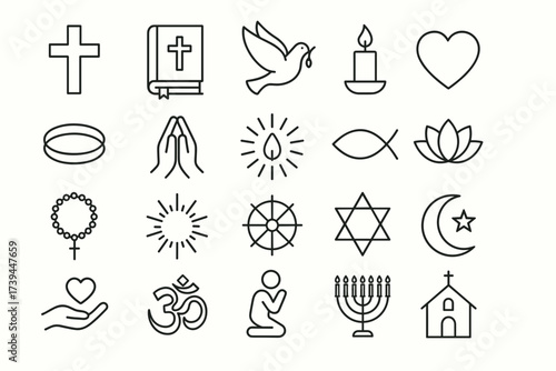 Religion and Spirituality Icon Set — Faith, Peace, and Sacred Symbols in Linear Style