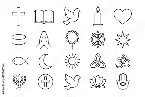 Religion and Spirituality Icon Set — Faith, Peace, and Sacred Symbols in Linear Style