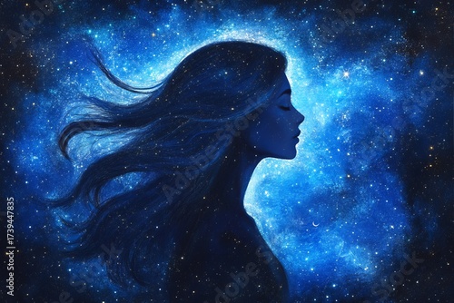 Woman silhouette with flowing hair merges into a cosmic nebula