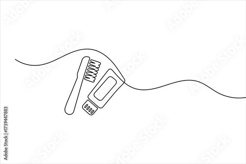 Toothbrush and paste continuous one line drawing minimalist style outline vector illustration
