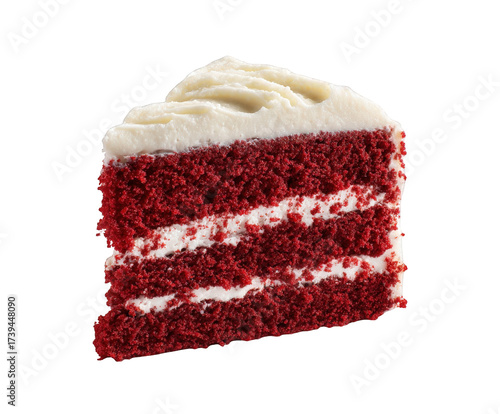 A delicious slice of red velvet cake with creamy white frosting and a sprinkle of red crumbs isolated on transparent background