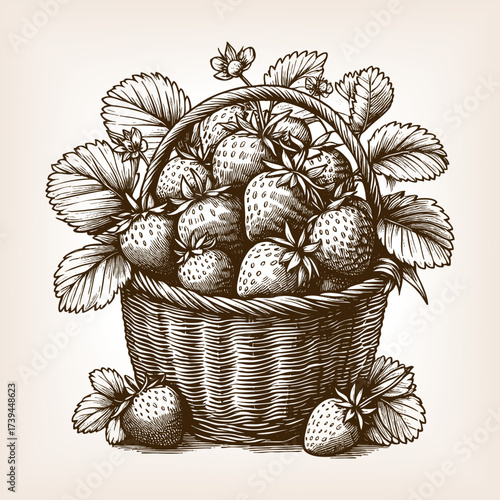 basket full of ripe strawberries and leaves, symbolizing fresh fruit, harvest, and natural produce sketch engraving generative ai vector illustration. Scratch board imitation. Black and white image.