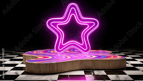 Fototapeta Naklejka Na Ścianę i Meble -  A glowing neon star atop a vibrant, swirly platform, set against a checkered backdrop