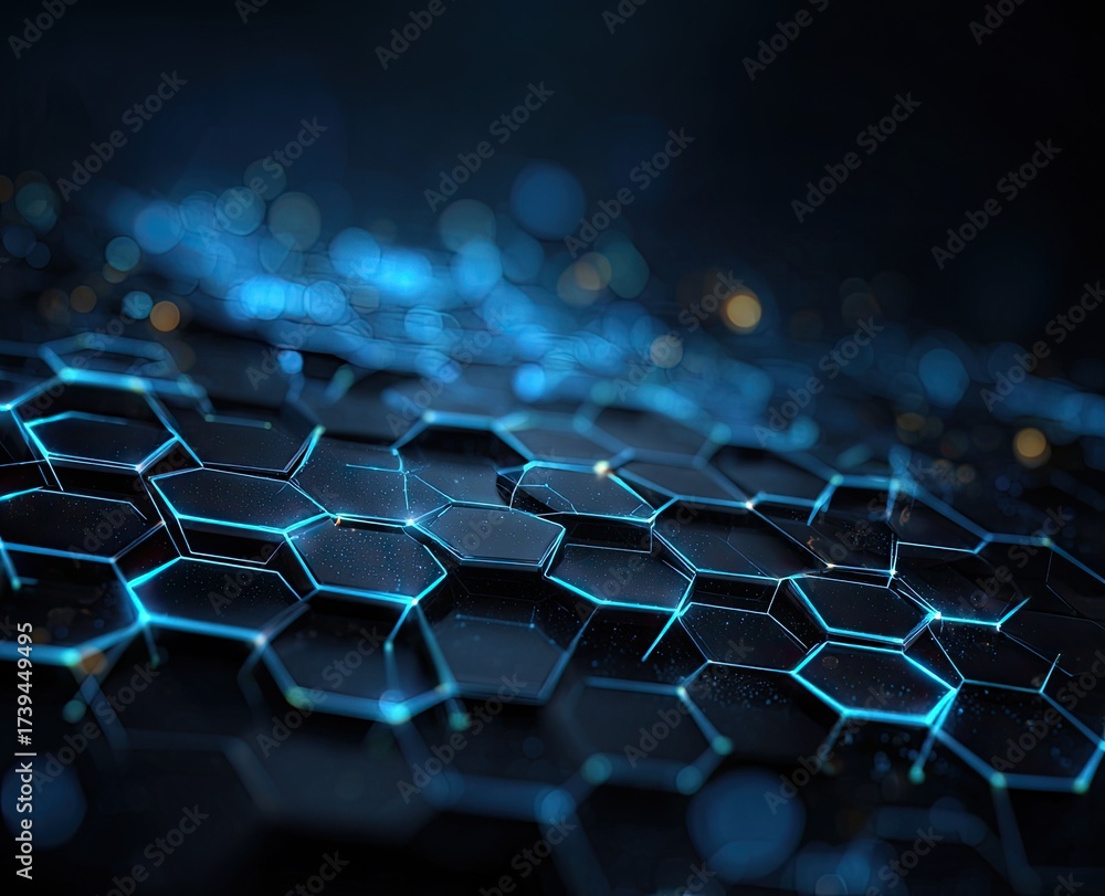 Obraz premium Futuristic hexagonal mesh lit with cool blue light, creating an abstract, technology-focused pattern