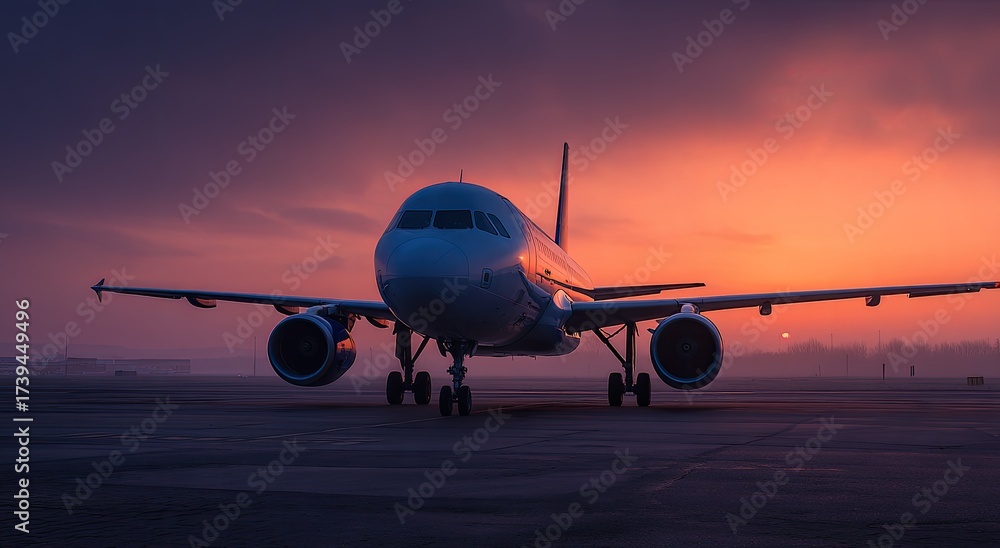 Obraz premium A commercial airliner, parked on a tarmac, bathed in the warm hues of a fiery sunset