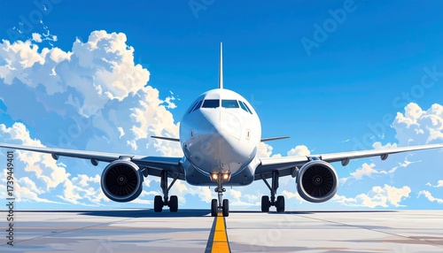Front view of an airplane on the runway against a bright blue sky