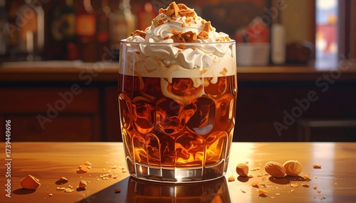 Frothy Butterscotch Beer with Whipped Cream and Crushed Nuts on a Wooden Bar Top.