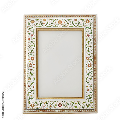 Ornate White and Gold Picture Frame with Intricate Floral Inlay Design ornate frame decorative frame