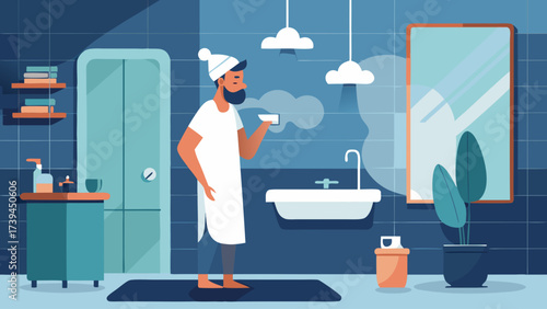 A man in a white shirt and apron is in the bathroom, brushing his teeth. The bathroom is clean and well-lit, with a sink and a mirror