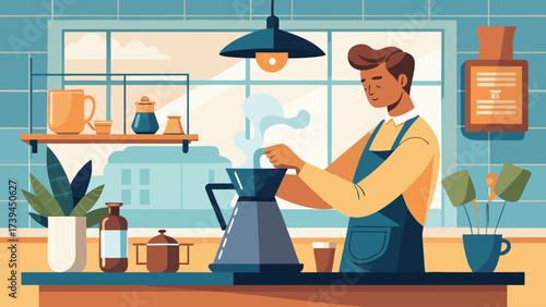 A man is making coffee in a kitchen. He is wearing an apron and has a pot of coffee on the stove. There are several cups and bottles on the counter, and a potted plant is nearby